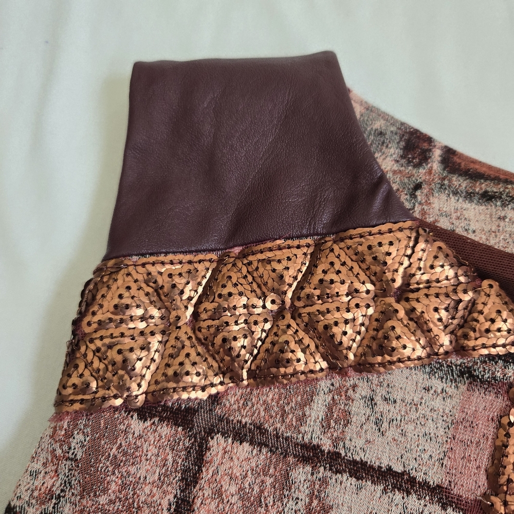 Save The Queen Sheath Dress Leather Inserts Rose Gold Sequins Geometric Maroon M - Picture 8 of 14